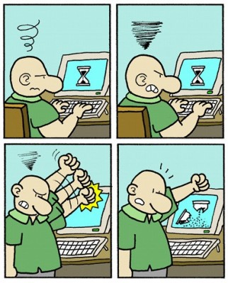 Tirinha muda. O Ivo está esperando o computador travado funcionar e só fica aquele cursor de ampulheta do windows girando. Ele se irrita e soca o computador. Para sua surpresa, o cursor de ampulheta quebra, vazando areia pela tela...